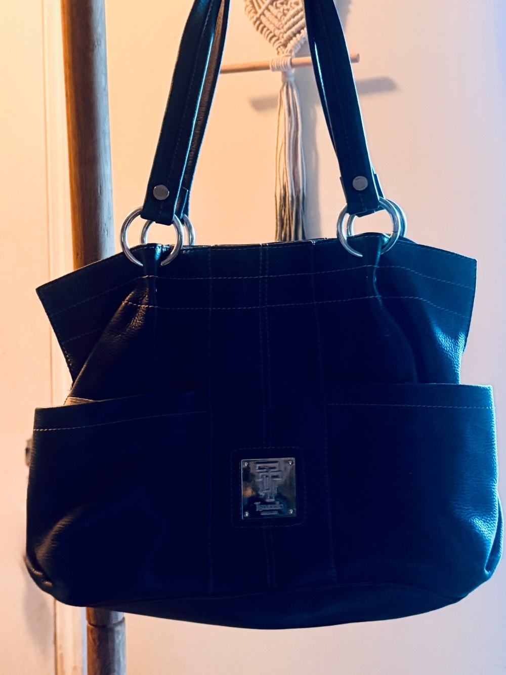 Tignanello Navy Blue Leather Tote Bag with Double Handles